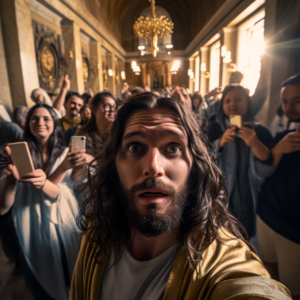 Gesù si fa un selfie al tempio. Foto creata da Luca Soltoggio con l'A.I. Midjourney