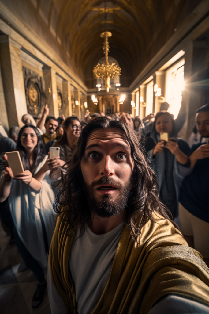 Gesù si fa un selfie al tempio. Foto creata da Luca Soltoggio con l'A.I. Midjourney